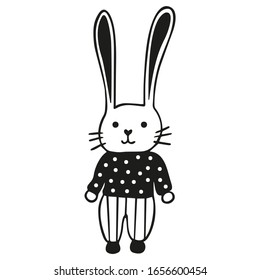 Cute black and white rabbit dressed in striped pants and a polka dot sweater. Easter Bunny. Scandinavian-style isolated simple childish doodle hare. Hand drawing. Vector.
