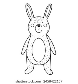 Cute black and white rabbit in standing position. Forest character in outline for kids design and coloring page. Woodland animal isolated. Vector illustration