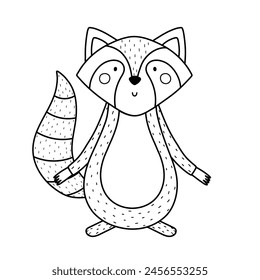 Cute black and white raccoon animal in cartoon style. Forest character for kids design in outline. Woodland mammal isolated. Vector illustration