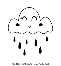Cute black and white rain cloud clipart. Weather doodle in cartoon style. Celestial vector illustration	