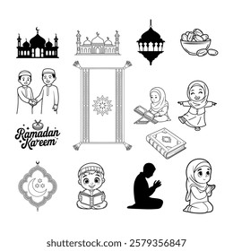 Cute Black and White Ramadan Illustrations for Coloring Books
