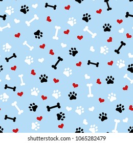 Cute black white red seamless vector pattern background illustration with bones, hearts, paws. Can be used for t-shirt print, fashion print design, kids wear, baby shower, greeting and postcard. 