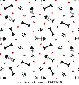 cute black white red seamless vector pattern background illustration with bones, hearts, paws and fish bones