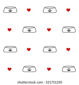 cute black white red seamless vector pattern background illustration with pet bowls and hearts