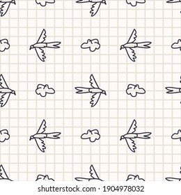 Cute black white scribble bird kids doodle background. Hand drawn whimsical motif seamless pattern. Naive simple character cartoon for minimal baby fashion, nursery decor, neutral unisex scrap book.