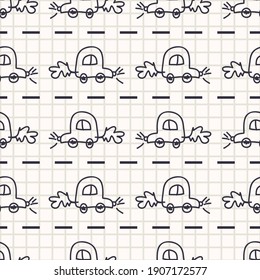 Cute black white scribble car kids doodle background. Hand drawn whimsical motif seamless pattern. Naive simple character cartoon for minimal baby fashion, nursery decor, neutral unisex scrap book,