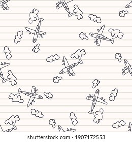 Cute Black White Scribble Plane Kids Doodle Background. Hand Drawn Whimsical Motif Seamless Pattern. Naive Simple Character Cartoon For Minimal Baby Fashion, Nursery Decor, Neutral Unisex Paper