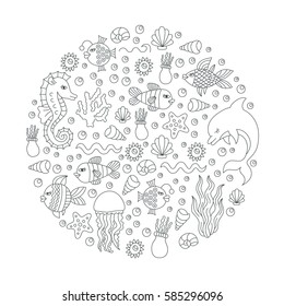 Cute black and white sea ocean marine doodles vector set