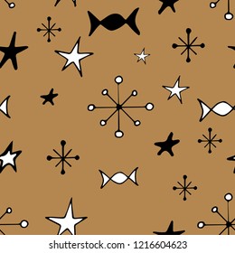 Cute black and white seamless pattern on a gold background with stars and sweets.