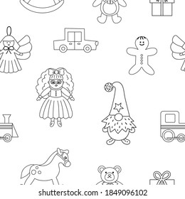 Cute black and white seamless pattern with Christmas toys. Vector line background with New Year gifts for kids. Digital paper with Santa Claus presents for children. 
