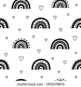 Cute black and white seamless pattern with Scandinavian rainbows, hearts for kid clothing, baby shower, Valentine's day, scrapbooking.