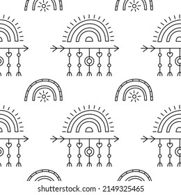 Cute black and white seamless pattern with Scandinavian rainbows, arrows, hearts, sun for kid clothing, baby shower, Valentine s day, scrapbooking.