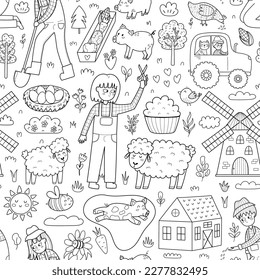 Cute black and white seamless pattern with farm animals and kids farmers. Girl shearing sheep, tractor, pig in mud, windmill. On the farm background for coloring page. Vector illustration