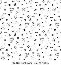 cute black and white seamless pattern with doodle elements