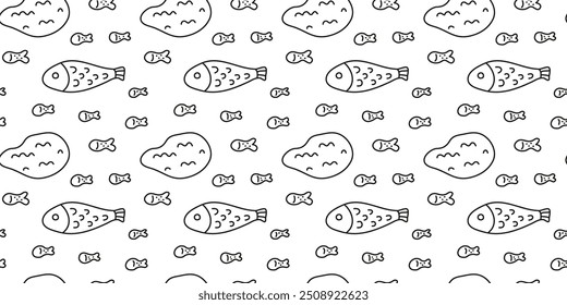 Cute black an white seamless pattern with doodle outline fishes and lake icons.