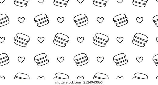 Cute black and white seamless pattern with doodle outline French macarons and hearts.