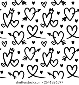 Cute black and white seamless pattern with ink hearts. Vector hand-drawn illustration in doodle style. Perfect for print, wallpaper, decorations, textiles.