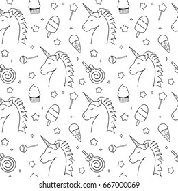cute black and white seamless vector pattern background illustration with unicorn, candy, lollipop, ice cream, stars and cupcake