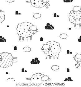 Cute black and white sheep seamless pattern. Cartoon farm animals background. Design for prints design, textile, fabric, wallpaper, wrapping paper. Vector illustration