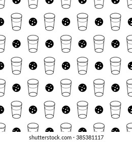 Cute black and white simple seamless linear pattern with doodle food - glass of milk and oat cookies in vector on isolated background. Healthy life style design for any use