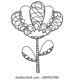 A cute black and white single abstract tulip flower decorated with shading and circles. Monochrome children's spring, summer doodle for coloring in a Scandinavian style. Vector.