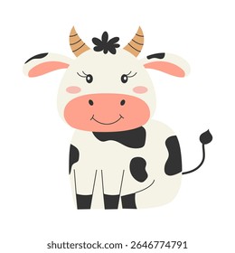 Cute black and white sitting cow. Farm animal. Vector illustration.