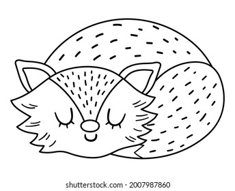 Cute black and white sleeping fox. Vector outline autumn character isolated on white background. Fall season line woodland animal icon for print, sticker, postcard.  Funny forest illustration.
