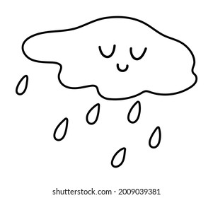 Reine schwarz-weiße Lächelwolke mit Regentropfen. Vektorgrafik Herbstwetterzeichen einzeln auf weißem Hintergrund. Herbstsaison kawaii Linie Symbol für Druck, Aufkleber, Postkarte. 
