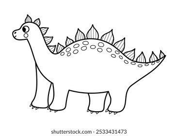 Lindo estegosaurio blanco y negro en estilo de dibujos animados elemento aislado. Divertido dinosaurio del período jurásico para el diseño de los niños. Dino Clipart prehistórico en esbozo. Ilustración vectorial 