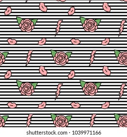 cute black white stripes seamless vector pattern background illustration with pink roses, lips and lightning