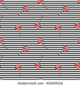 cute black white stripes seamless vector pattern background illustration with lollipop