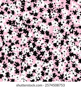 Cute black and white tiny florals watercolor seamless pattern on pink background. Flower vector illustration. Watercolor print in rustic vintage style, textile or wallpapers.