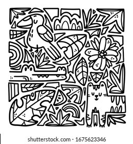 Cute Black and white tropical doodle style illustration. Crocodile, Tiger, toucan elements. Scandinavian style. Perfect illustration for kids coloring book.