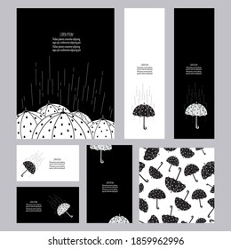 Cute black and white umbrellas .  Vector set with visit cards, seamless pattern, bookmarks   and greeting templates. 
