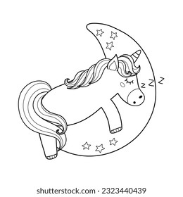Cute black and white unicorn sleeping on the moon. Fantasy character print. Sweet dreams vector illustration