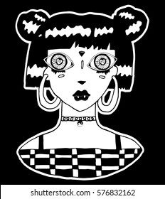 Cute black and white vampire girl sticker, retro 90s style.Can be used as a print on t-shirts and bags or poster.Vector