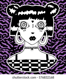 Cute black and white vampire girl sticker, retro 90s style.Can be used as a print on t-shirts and bags or poster.Vector