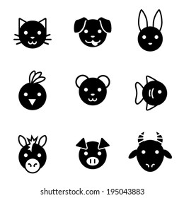 Cute black and white vector animal face icons