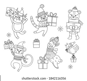 Cute black and white vector animals in hats, scarves and sweaters with presents and snowflakes. Winter set of with gifts. Funny Christmas coloring page. New Year print with smiling character
