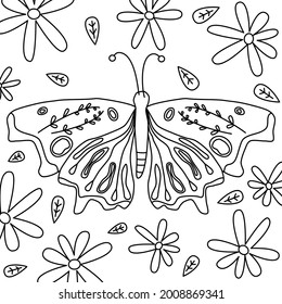 Cute black and white vector art design with butterfly insect, daisy flowers and leaves hand drawn illustration for coloring book