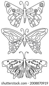 Cute black and white vector art design with set of butterflies insect hand drawn illustration for coloring book