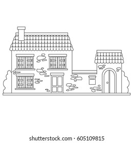 Cute black and white vector house with tile roof, wooden window shutters, stone fence and a mail box. Traditional european street. Cartoon building. Line illustration for coloring.