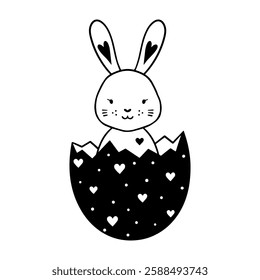 Cute black and white vector illustration of a bunny with heart-shaped ears hatching from a decorated egg.Perfect for Easter designs, greeting cards,coloring books,nursery prints and festive decoratios