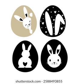 Cute black and white vector illustration of a bunny with heart-shaped ears hatching from a decorated egg.Perfect for Easter designs, greeting cards,coloring books,nursery prints and festive decoratios