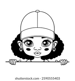 Cute black and white vector illustration of a girl with big expressive eyes, curly hair, and a cap, peeking over a sign. Perfect for coloring pages, stickers, prints, and digital designs.