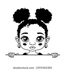Cute black and white vector illustration of a little girl with curly hair in buns, big expressive eye. Perfect for coloring pages, stickers, prints, and digital designs.