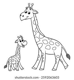 Cute Black and White Vector Illustration of a Giraffe and Baby Giraffe in Cartoon Style