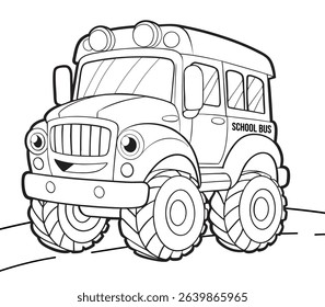 Cute black and white vector illustration of a school bus truck or monster truck, designed for coloring books and educational activities. Perfect for kids, school projects, and creative play.