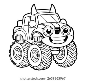 Cute black and white vector illustration of a school bus truck or monster truck, designed for coloring books and educational activities. Perfect for kids, school projects, and creative play.