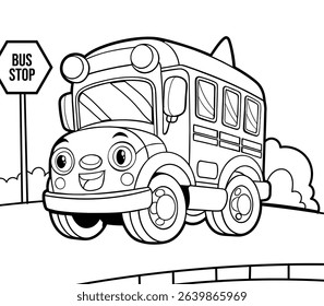 Cute black and white vector illustration of a school bus truck or monster truck, designed for coloring books and educational activities. Perfect for kids, school projects, and creative play.